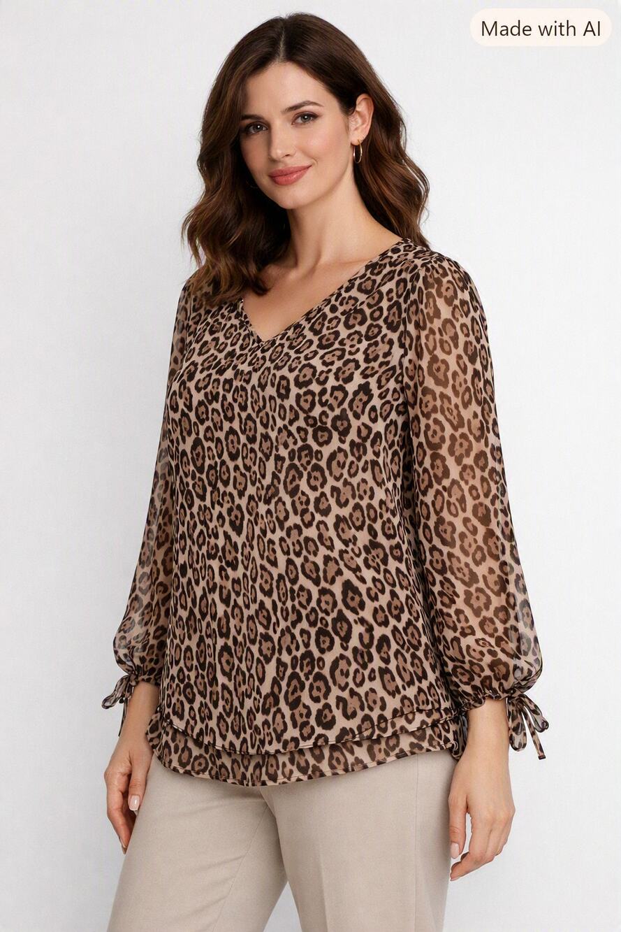 White House Black Market Leopard Print Pullover Blouse Sheer Long Sleeve Career